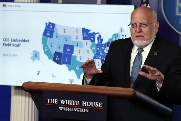 Dr. Robert Redfield, director of the Centers for Disease Control and Prevention, speaks about the coronavirus in the James Brady Press Briefing Room of the White House, in Washington.